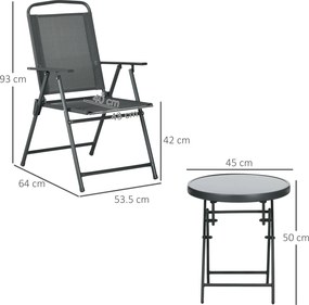 Outsunny Set de Exterior din 3 Piese cu Masă cu Blat din Sticlă și 2 Scaune Pliabile din Plasă, Ф45x50 cm, Gri Deschis | Aosom Romania