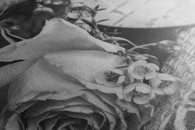 Tablou trandafir și inimioară în iută în design vintage alb-negru