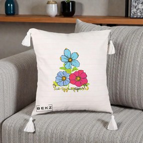 Perna Decorativa Trei Flori Grafice Pop Art, 40x40 cm, Bej cu Franjuri, Husa Detasabila, Perna Inclusa, BEKZ®