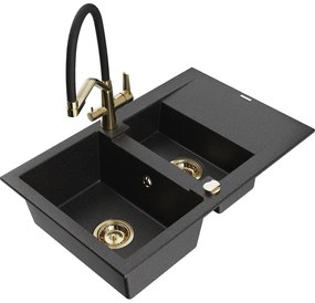 Mexen Gaspar chiuvetă granit 1,5 camere cu picurător și baterie bucătărie Duo, negru/argintiu - 6507-73-671701-57-G