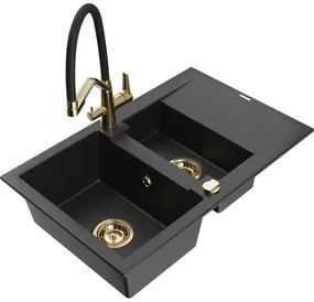 Mexen Gaspar chiuvetă granit 1,5 camere cu picurător și baterie bucătărie Duo, negru/argintiu - 6507-73-671701-57-G