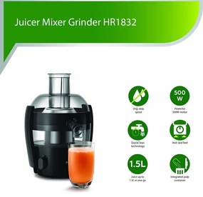 Storcator de fructe Philips HR1832/00, 500W, 1.5L, QuickClean, Fara picurare, Negru
