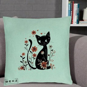 Perna Decorativa Pisica Neagra Flori Roz si Inimi, 40x40 cm, Verde Menta, Husa Detasabila, Perna Inclusa, BEKZ®