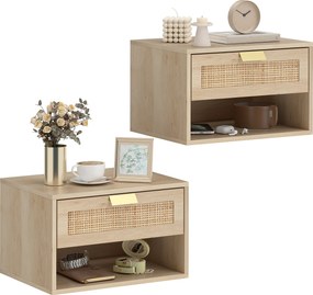 HOMCOM Set de 2 Noptiere Suspendate cu Sertar din Ratan Raft Deschis Economisire Spațiu 40x30x25 cm Stejar | Aosom Romania