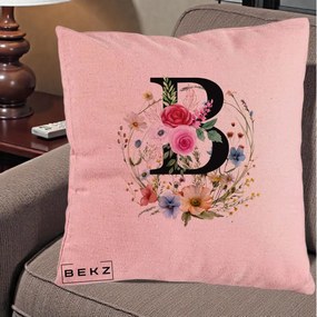Cadou Personalizat - Perna Personalizata Monogram Litera B cu Flori Acuarela, 40x40 cm, Roz, Husa Detasabila, Perna Inclusa, BEKZ®