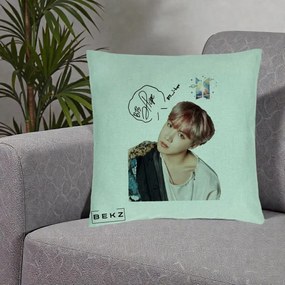 Perna Personalizata K-pop BTS J-Hope Par Roz Autograf, 40x40 cm, Verde Menta, Husa Detasabila, Perna Inclusa, BEKZ®