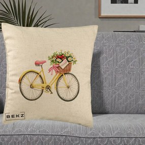 Perna Decorativa Bicicleta Galbena cu Cos de Flori Primavara, 40x40 cm, Bej, Husa Detasabila, Perna Inclusa, BEKZ®
