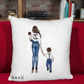 Cadou pentru Mama - Perna Personalizata Mom of Boys Mama cu Baietii, 40x40 cm, Alb Pufos, Husa Detasabila, Perna Inclusa, BEKZ®