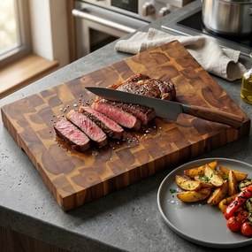 Tocator profesional Kesper 28151, 30 x 42 cm, Adancituri laterale pentru prindere, suprafata care protejeaza lamele, lemn de salcam, Maro inchis
