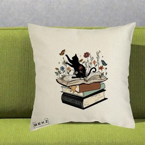Perna Personalizata Pisica Neagra Carti Flori Fluturi, 40x40 cm, Ecru, Husa Detasabila, Perna Inclusa, BEKZ®