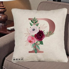 Cadou Personalizat - Perna Personalizata Monograma Rose Gold Litera P, 40x40 cm, Bej Canapea, Husa Detasabila, Perna Inclusa, BEKZ®