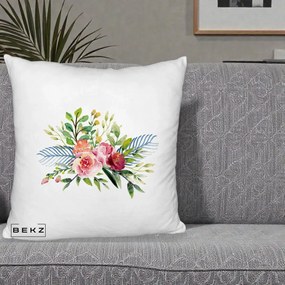 Perna Decorativa Buchet Flori Acuarela Roz-Verde, 40x40 cm, Alb Pufos, Husa Detasabila, Perna Inclusa, BEKZ®