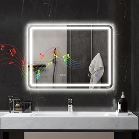 HOMCOM Oglindă de Baie LED cu Bluetooth, Iluminare Reglabilă și Funcție de Memorare, din Sticlă Securizată, 80 x 2.9 x 60 cm | Aosom Romania