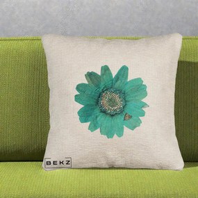 Perna Decorativa Floare Gerbera Teal Acuarela, 40x40 cm, Bej Canapea, Husa Detasabila, Perna Inclusa, BEKZ®