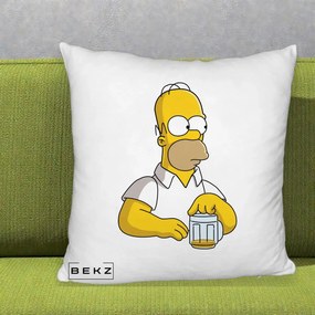 Perna Personalizata Homer Simpson cu Bere, 40x40 cm, Alb Pufos, Husa Detasabila, Perna Inclusa, BEKZ®