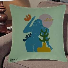 Perna Decorativa Femeie Albastra Cactus, 40x40 cm, Verde, Husa Detasabila, Perna Inclusa, BEKZ®
