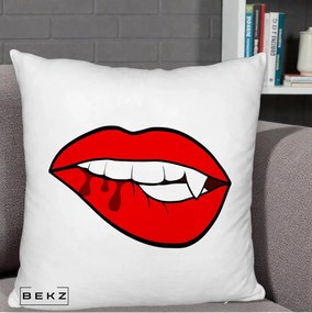 Perna Decorativa Vampire Lips Halloween, 40x40 cm, Alb Pufos, Husa Detasabila, Perna Inclusa, BEKZ®