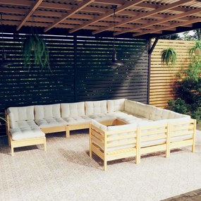 3097043 vidaXL Set mobilier grădină cu perne crem, 11 piese, lemn de pin