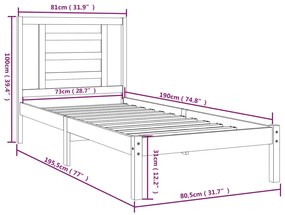 Cadru de pat Small Single 2FT6, 75x190 cm, lemn masiv Maro, 75 x 190 cm