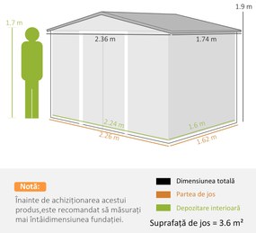 Outsunny Magazie de Grădină 3.6m² din Oțel, cu 2 Uși Glisante și 4 Ferestre de Ventilație, 236x174x190 cm, Verde | Aosom Romania