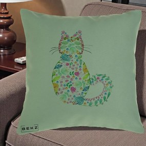 Perna Decorativa Pisica Florala Acuarela, 40x40 cm, Verde, Husa Detasabila, Perna Inclusa, BEKZ®