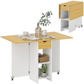 HOMCOM Masă Pliabilă, Masă Rabatabilă pentru 2-4 Persoane cu Sertar, 2 Rafturi și 2 Roți, 114,5x70x75 cm, Stejar | Aosom Romania