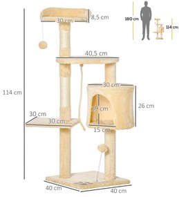 Ansamblu pisici pe 4 niveluri cu bila suspendata, coarda suspendata, bila cu arc, 40x40x114cm, bej PawHut | Aosom Romania