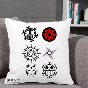 Perna Personalizata Simboluri Anime Mix - Naruto One Piece, 40x40 cm, Alba Mata, Husa Detasabila, Perna Inclusa, BEKZ®