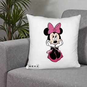 Perna Personalizata Minnie Mouse cu Fundita, 40x40 cm, Alb Pufos, Husa Detasabila, Perna Inclusa, BEKZ®