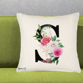 Cadou Personalizat - Perna Personalizata Monograma Florala Litera S, 40x40 cm, Crem Reliefat, Husa Detasabila, Perna Inclusa, BEKZ®