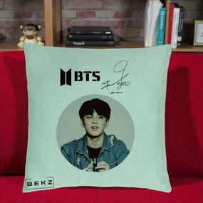 Perna Personalizata K-pop BTS Jimin Portret Cerc Autograf Geaca, 40x40 cm, Verde Menta, Husa Detasabila, Perna Inclusa, BEKZ®