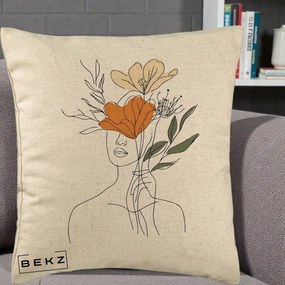 Perna Decorativa Portret Feminin Coroana Florala, 40x40 cm, Bej, Husa Detasabila, Perna Inclusa, BEKZ®