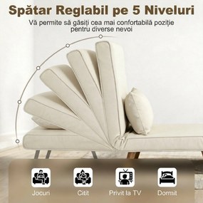 HOMCOM Fotoliu Pat 3 în 1, Reclinabil în 5 Trepte, Material Tip In, cu Pernă, Crem | Aosom Romania