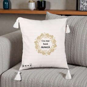 Cadou pentru Bunica - Perna Personalizata Cea Mai Buna Bunica Coronita Frunze Acuarela, 40x40 cm, Bej cu Franjuri, Husa Detasabila, Perna Inclusa, BEKZ®