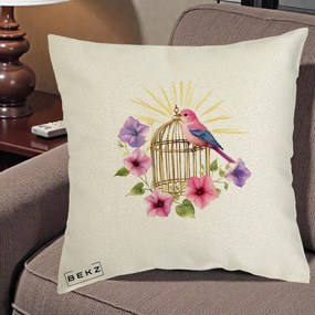 Perna Decorativa Pasare Roz pe Colivie Aurie cu Flori, 40x40 cm, Ecru, Husa Detasabila, Perna Inclusa, BEKZ®