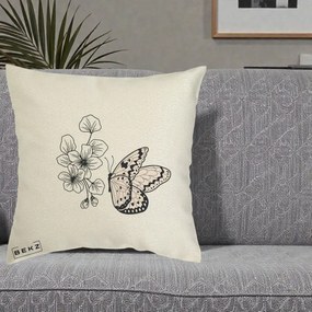 Perna Decorativa Fluture si Flori Linie Monocroma, 40x40 cm, Ecru, Husa Detasabila, Perna Inclusa, BEKZ®