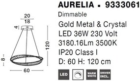 Lustra LED suspendata , dimabila, cristal design elegant AURELIA auriu 60cm