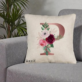 Cadou Personalizat - Perna Personalizata Monograma Rose Gold Litera P, 40x40 cm, Bej Canapea, Husa Detasabila, Perna Inclusa, BEKZ®