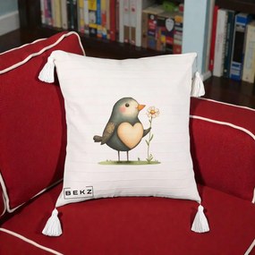 Perna Decorativa Pasare cu Inima si Margareta, 40x40 cm, Bej cu Franjuri, Husa Detasabila, Perna Inclusa, BEKZ®