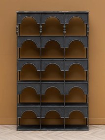 Etajeră din metal, negru, cu patină vintage, 5 rafturi și arcade decorative, finisaj antichizat, 194 x 120 x 34,5 cm, „Alhambra”