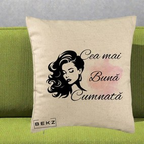 Cadou pentru Cumnata - Perna Personalizata Cea mai Buna Cumnata cu Silueta Dama si Pete Roz, 40x40 cm, Bej, Husa Detasabila, Perna Inclusa, BEKZ®