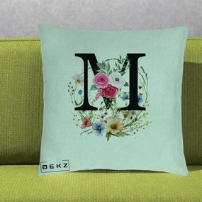Cadou Personalizat - Perna Personalizata Monogram Litera M cu Flori Acuarela, 40x40 cm, Verde Menta, Husa Detasabila, Perna Inclusa, BEKZ®