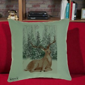 Perna Decorativa Ren in Padure Roz Moale, 40x40 cm, Verde, Husa Detasabila, Perna Inclusa, BEKZ®