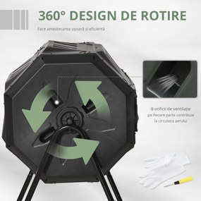 Outsunny Compostor Domestic de Grădină și Balcon din Plastic, Recipient Rotativ pentru Compost, 71x64x96 cm, Negru | Aosom Romania