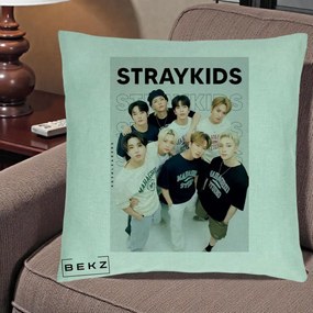 Perna Personalizata K-pop Stray Kids STRAYKIDS Alb-Negru cu Foto Grup, 40x40 cm, Verde Menta, Husa Detasabila, Perna Inclusa, BEKZ®