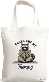 Sacosa de Panza pentru Cumparaturi, Geanta Tote, model Books are my therapy 2 38 x 34.5 cm, Alba, BEKZ®