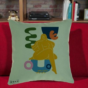 Perna Decorativa Femeie Relaxata Abstract, 40x40 cm, Verde, Husa Detasabila, Perna Inclusa, BEKZ®