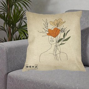 Perna Decorativa Portret Feminin Coroana Florala, 40x40 cm, Crem, Husa Detasabila, Perna Inclusa, BEKZ®