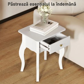 HOMCOM Măsuță de Living cu Sertar în Stil Francez 45x35x55 cm, Alb | Aosom Romania