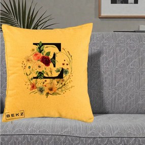 Cadou Personalizat - Perna Personalizata Monogram Litera E cu Flori Acuarela, 40x40 cm, Galben, Husa Detasabila, Perna Inclusa, BEKZ®